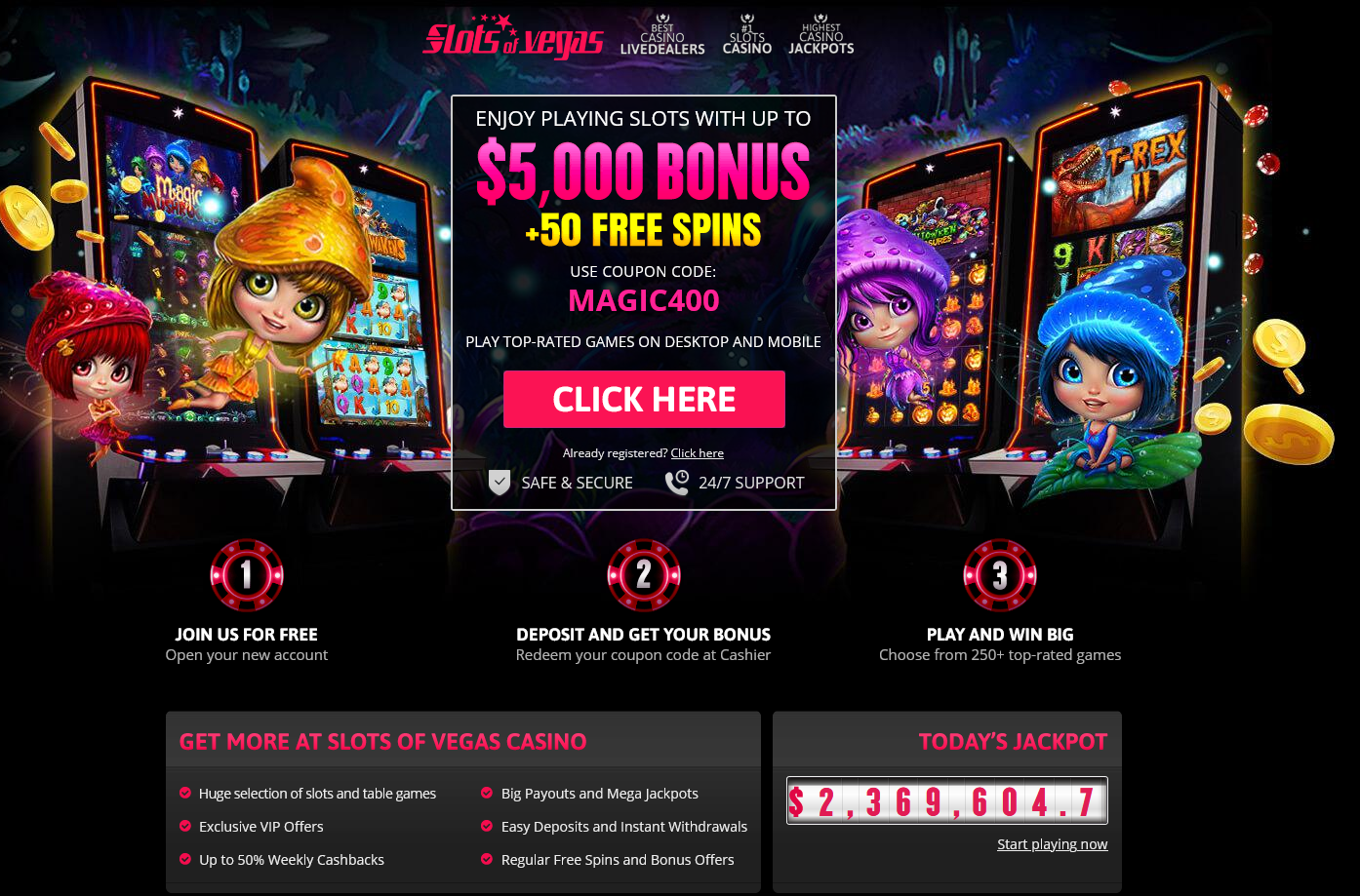 Slots of Vegas | Landing page | 400% Bonus + 50 Free Spins